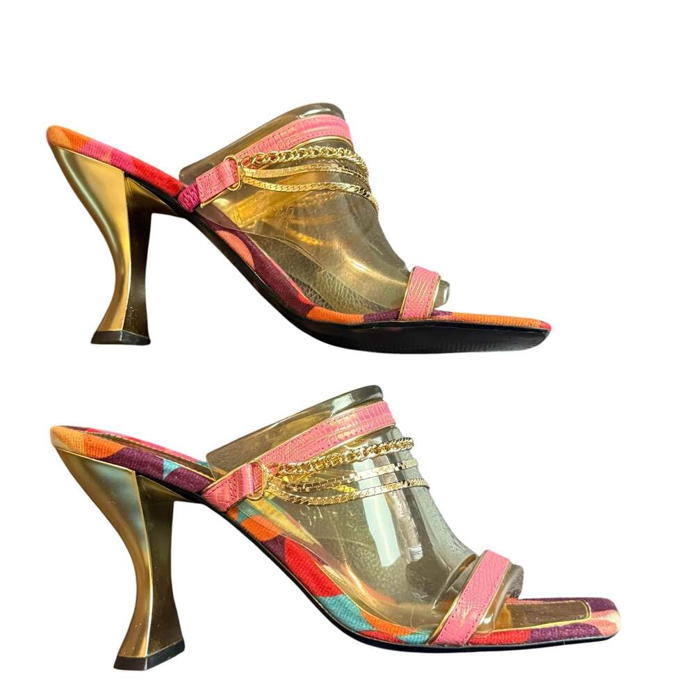 Nine West O-Ketty-O Multi-Color Geometric Print Chain Detail Mules Size 8M